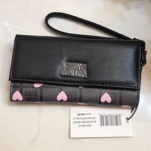 Steve Madden Black & Pink Heart Logo Bar Update Wallet With Strap NWT